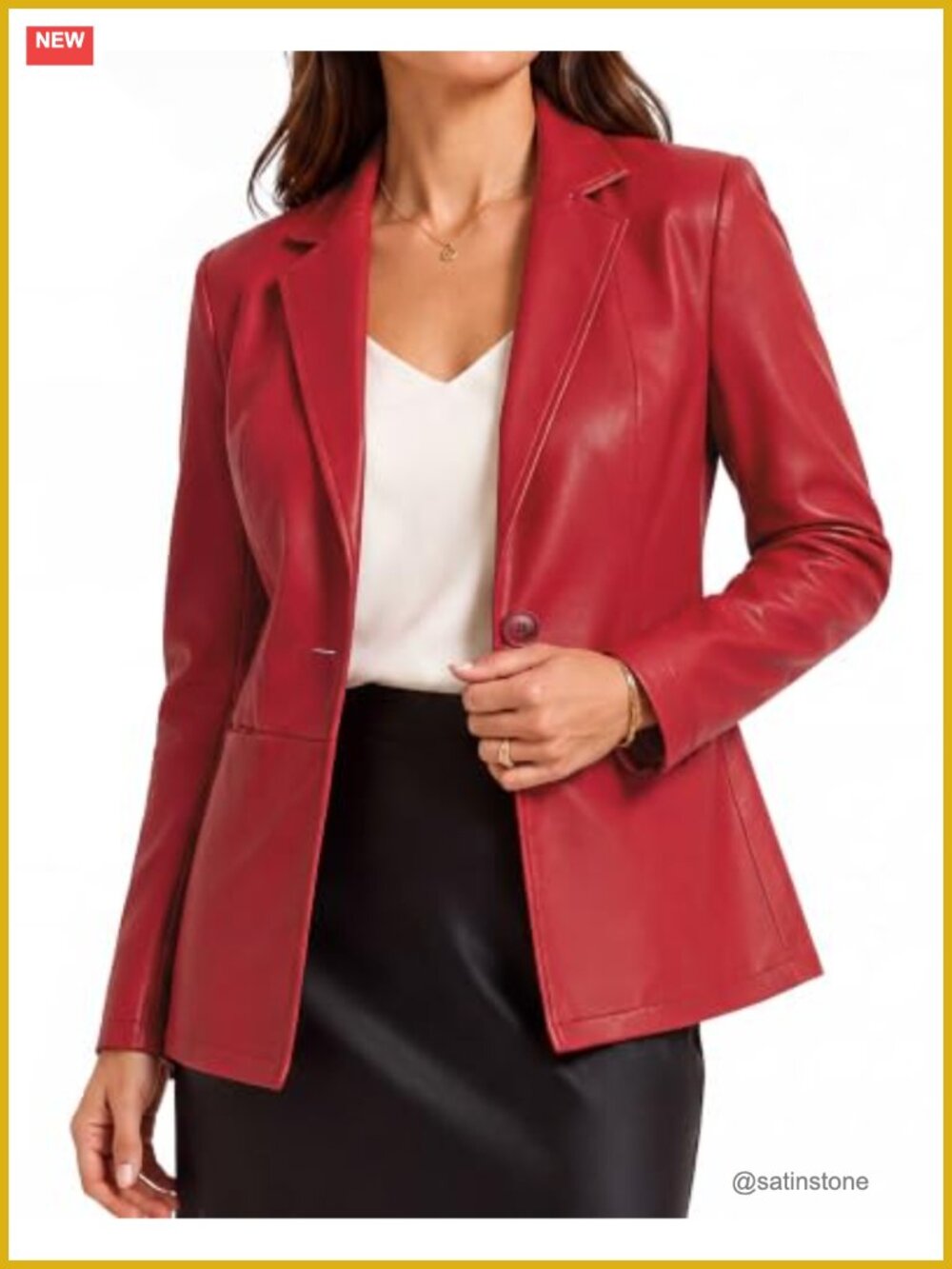 Faux Leather Blazer Jacket Lightly Fitted Notch Collar Button